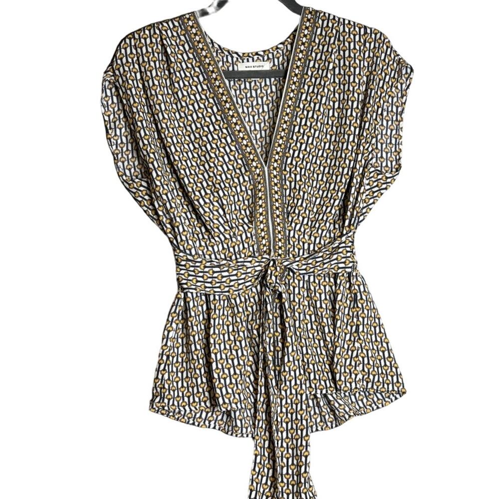 Max Studio Women's Sleeveless Belted V Neck Gold Blue Career Blouse Size M